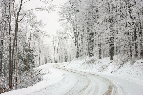 Foto Winding dirt road surrounded by snow covered trees in winter