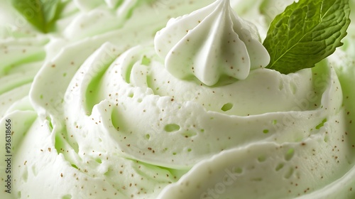 Close-up of green mint ice cream with small brown specks and a fresh green mint leaf.