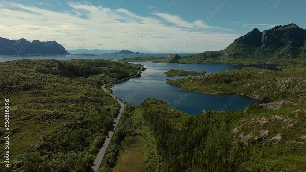 Scenic Lofoten islands, Norway. Green nature with deep blue sea, bridge, fjord and mountains. Scandinavia Scenic Lofoten islands, Norway. Green nature with deep blue sea, bridge, fjord and mountains. Scandinavia