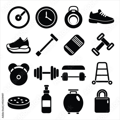 Comprehensive Workout and Gym Icons Set Dumbbell, Kettlebell, Water Bottle, Stopwatch, Yoga Mat, Running Shoes, Weights, and Fitness Tracker Icons for Exercise, Fitness, and Training
