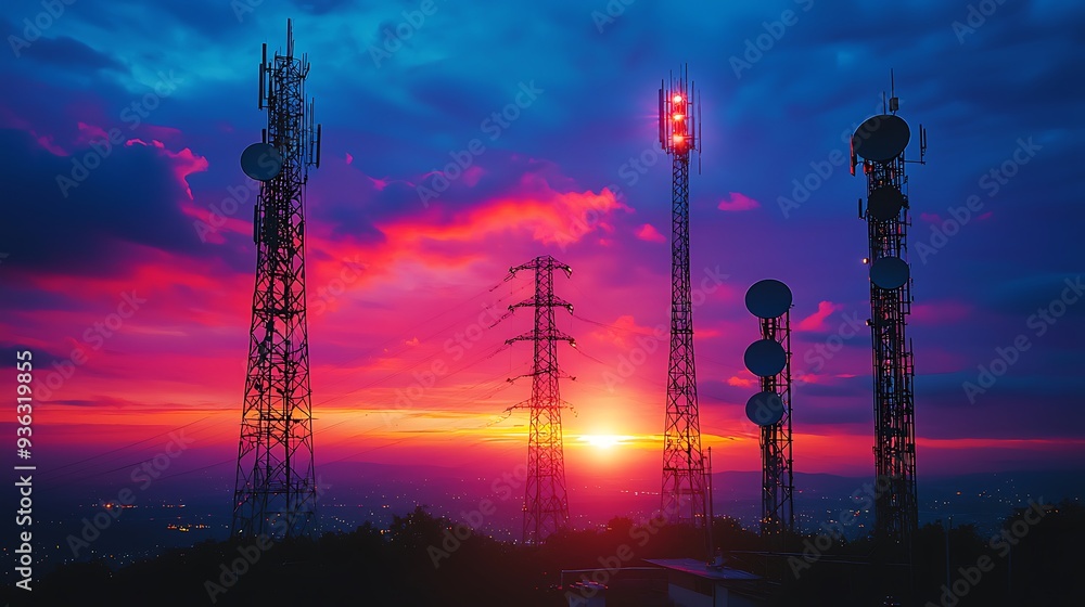 Naklejka premium Telecommunication towers at sunset with a dramatic sky, capturing the powerful silhouette of modern infrastructure against a vivid and intense evening backdrop.
