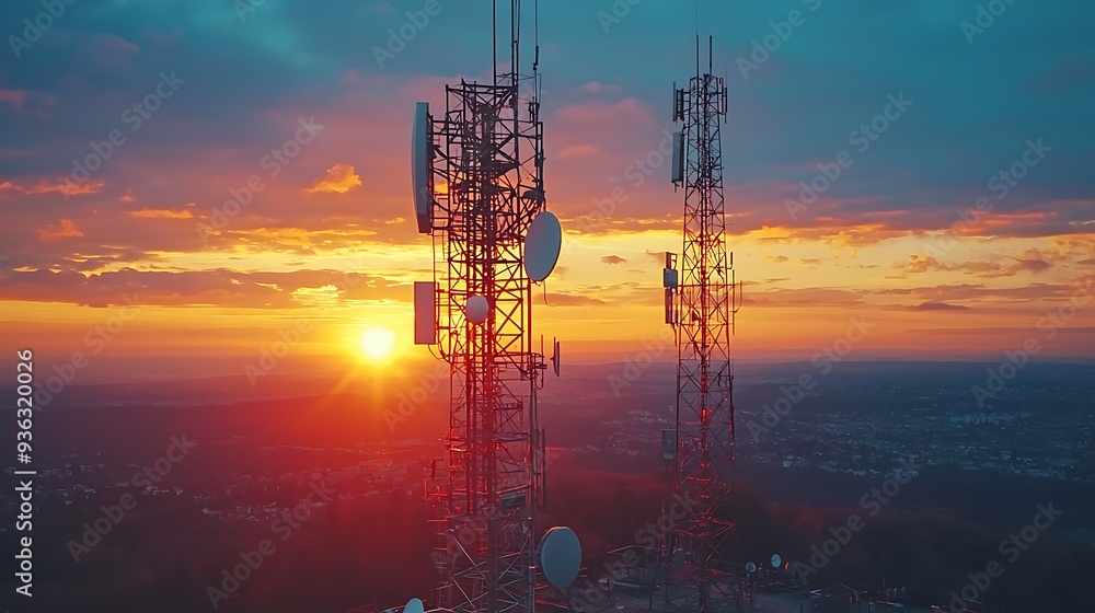 Fototapeta premium Telecommunication towers at sunset with a city skyline, blending urban development with the critical technology that supports modern life.