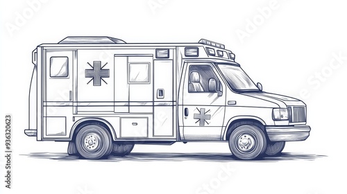 Continuous line art drawing of an ambulance vehicle, featuring a Red Cross symbol, isolated on a white background.