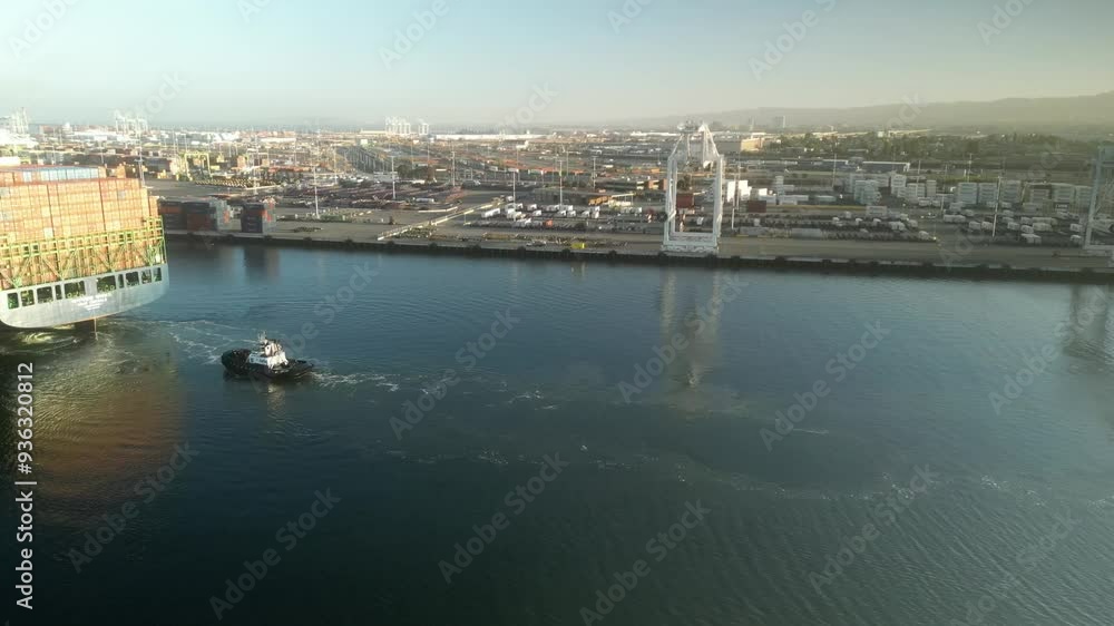 A slow ascending drone shot captures the Harbor in West Oakland, featuring a cargo rig sailing in the foreground while cranes loom in the background, framing the industrial landscape. A slow ascending drone shot captures the Harbor in West Oakland, featuring a cargo rig sailing in the foreground while cranes loom in the background, framing the industrial landscape.