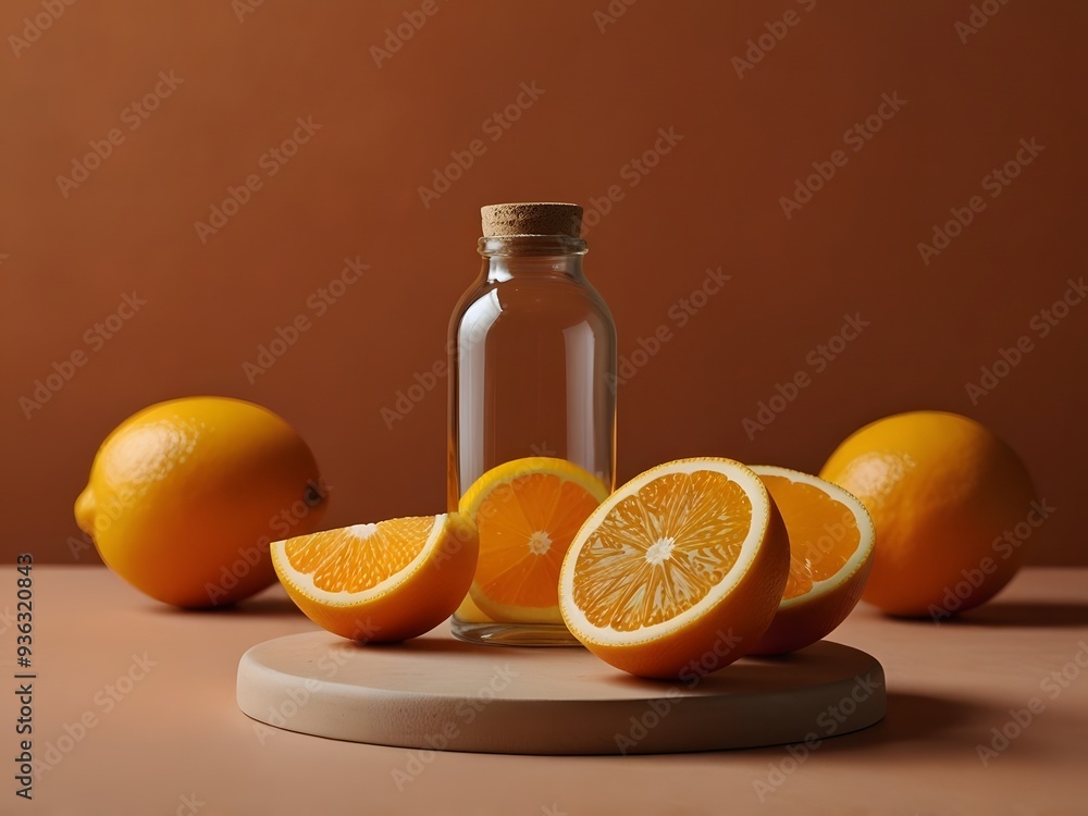 Fresh Orange Juice in Glass Bottle with Orange Slices. Fresh Orange Juice in Glass Bottle with Orange Slices.
