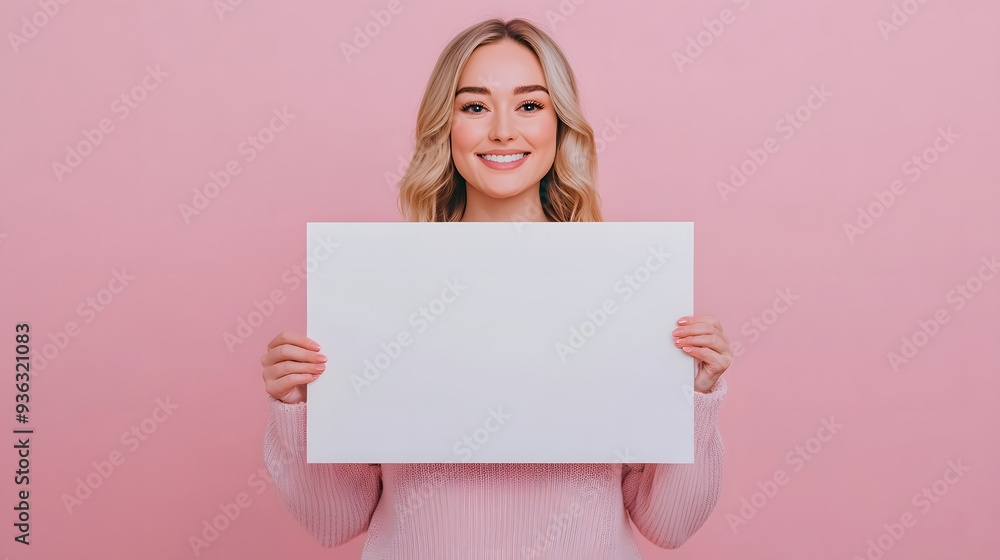 3D Render of Smiling 25-Year-Old Woman with Blonde Hair Holding Large White Vertical Poster - Simple and Elegant Style 3D Render of Smiling 25-Year-Old Woman with Blonde Hair Holding Large White Vertical Poster - Simple and Elegant Style