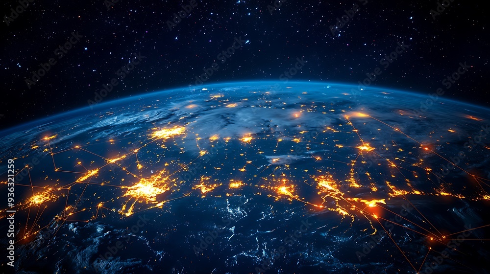 Obraz premium Earth at night with network connections and city lights, capturing the beauty of our planet as seen from space, illuminated by the lights of civilization.