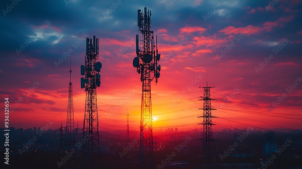 Cell tower silhouette against a dramatic sunset sky, capturing the power and reach of modern communication technology against a vivid evening backdrop. Cell tower silhouette against a dramatic sunset sky, capturing the power and reach of modern communication technology against a vivid evening backdrop.
