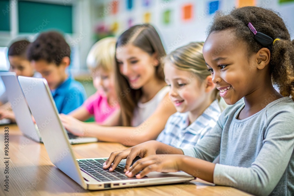 Engaged and Diverse Students Thrive in Tech-Savvy Classroom. A heartwarming image of young, diverse students fully engaged in a technology-based lesson. Engaged and Diverse Students Thrive in Tech-Savvy Classroom. A heartwarming image of young, diverse students fully engaged in a technology-based lesson.
