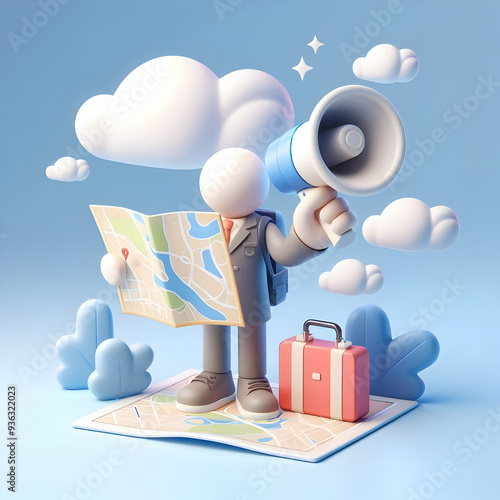 3d Flat icon as Tour Guide with Map and Megaphone concept as An image of a tour guide with a map and megaphone set against a dreamy background offering ample space for text or graphics symbolizing tra photo