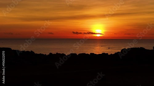 Wallpaper Mural Vibrant Red Orange Sunset Above The Sea Horizon. Low Aerial Dolly Shot Panning Across A Scenic Rock Park In Ninh Thuan, Vinh Hai, Vietnam. Torontodigital.ca