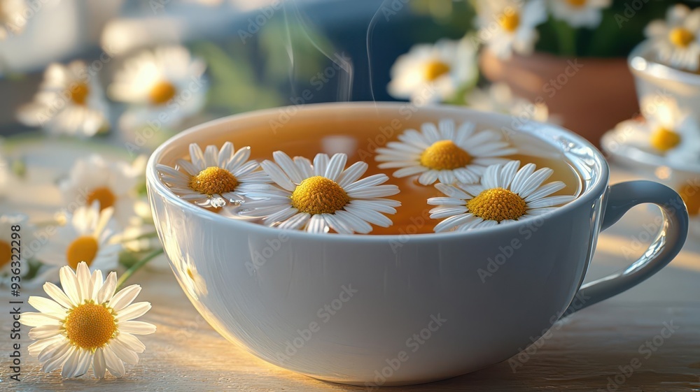 Closeup of chamomile flowers floating in a tea cup, Chamomile tea, detailed and floral Closeup of chamomile flowers floating in a tea cup, Chamomile tea, detailed and floral