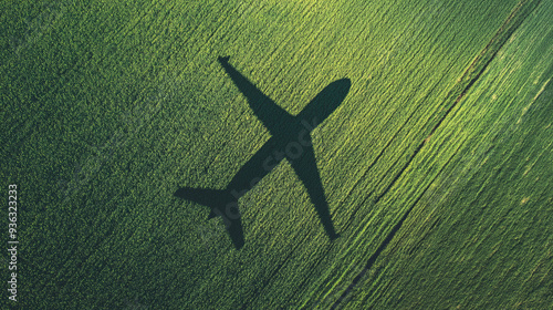 Shadow of flying passenger plane on green field