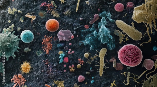 Microscopic biodiversity in a soil sample, showing the interaction of various microorganisms, fungi, and bacteria photo