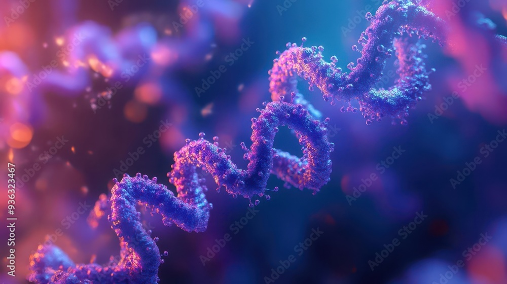 Microscopic visualization of protein synthesis, showing ribosomes translating mRNA into polypeptide chains Microscopic visualization of protein synthesis, showing ribosomes translating mRNA into polypeptide chains