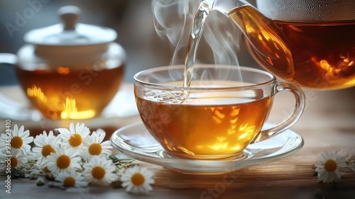 Chamomile tea being poured into a cup with steam rising, Chamomile tea, warm and inviting