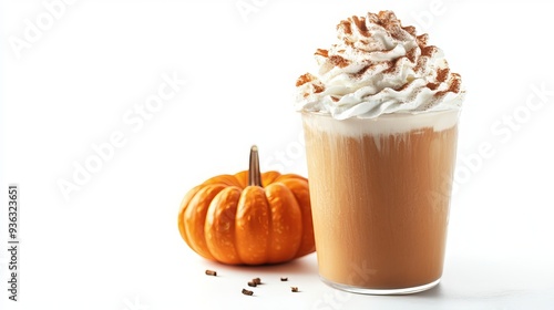 A pumpkin spice latte, topped with whipped cream and a sprinkle of cinnamon or nutmeg, is isolated on a white background with space for text