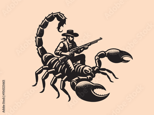 A cowboy with a gun riding an scorpion. Abstract engraving vector illustration. isolated object, print