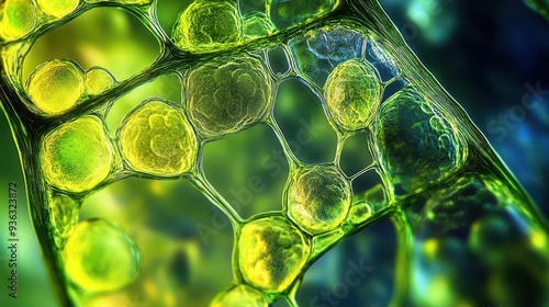 Photosynthesis process in chloroplasts under a microscope, highlighting the thylakoid membranes and ATP synthesis photo