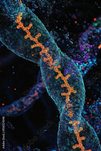 RNA translation visualized under a microscope, with ribosomes reading mRNA to synthesize proteins photo