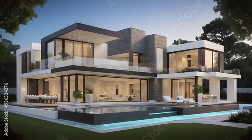 Wallpaper Mural Exterior design of a modern house, full white and brown color theme, real estate home exterior front elevation design with swimming pool  Torontodigital.ca