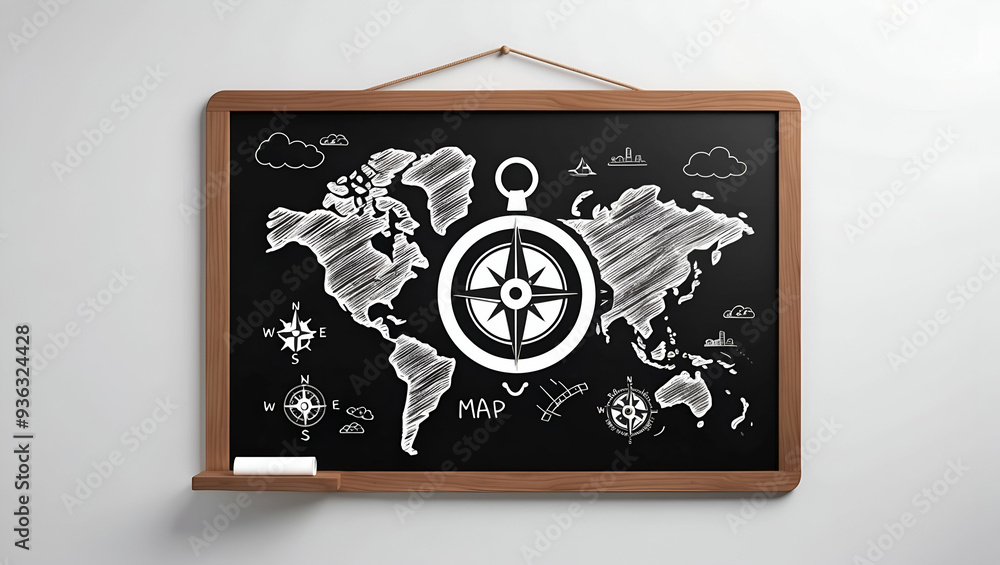3d Flat icon as Blackboard with Compass and Map concept as A blackboard featuring a compass and a map set against a whimsical background offering ample space for text or graphics symbolizing navigatio 3d Flat icon as Blackboard with Compass and Map concept as A blackboard featuring a compass and a map set against a whimsical background offering ample space for text or graphics symbolizing navigatio