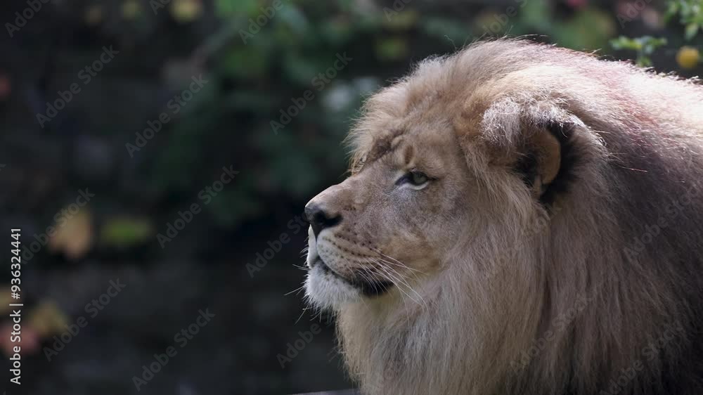 Slow motion video of a Lion closeup looking around and shaking its mane. Slow motion video of a Lion closeup looking around and shaking its mane.