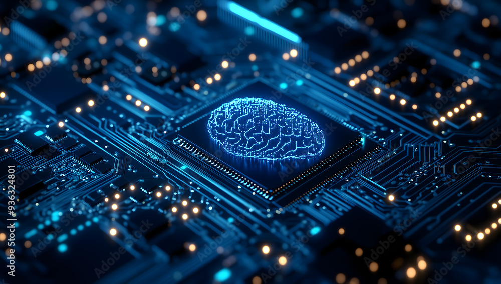 Obraz premium Glowing brain floating electronic circuit board symbolizing concept artificial intelligence machine learning Concept