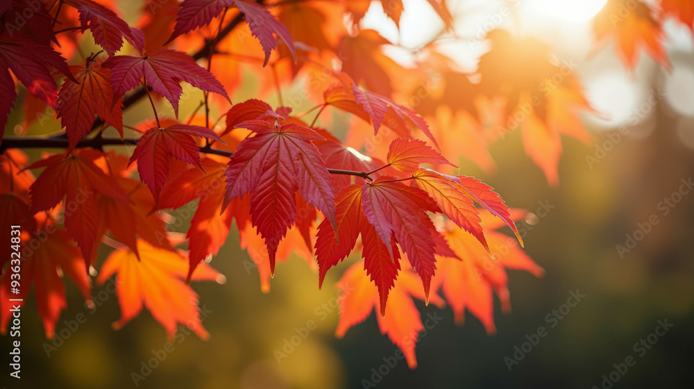 Bright red maple leaves catch the warm sunlight, showcasing their vivid color amidst a tranquil forest setting during the autumn season Bright red maple leaves catch the warm sunlight, showcasing their vivid color amidst a tranquil forest setting during the autumn season