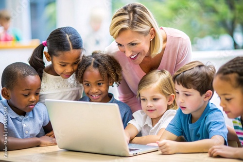 Teacher Guiding Students with Technology. A diverse group of young students gather around a laptop, engaged and learning, under the guidance of a smiling teacher. 