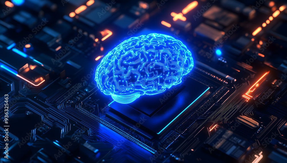Obraz premium Glowing brain floating electronic circuit board symbolizing concept artificial intelligence machine learning Concept