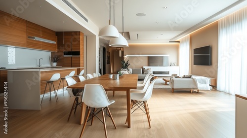 Contemporary apartment decor features a spacious kitchen and dining area with an elegant table and chairs. The minimalist living room boasts neutral beige walls, creating a sense of tranquility 