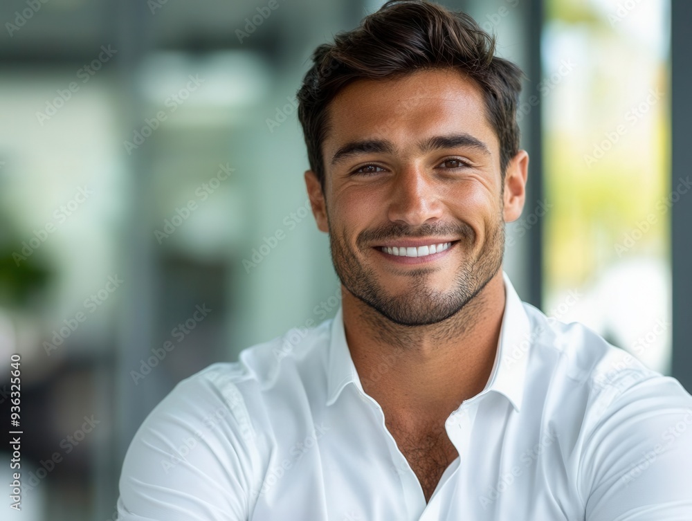 Businessman in a white shirt smiling confidently at the camera, with ample copy space to the right, bright and clean background Businessman in a white shirt smiling confidently at the camera, with ample copy space to the right, bright and clean background