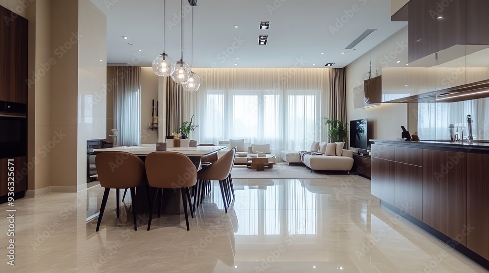 Fototapeta premium Contemporary apartment decor features a spacious kitchen and dining area with an elegant table and chairs. The minimalist living room boasts neutral beige walls, creating a sense of tranquility 