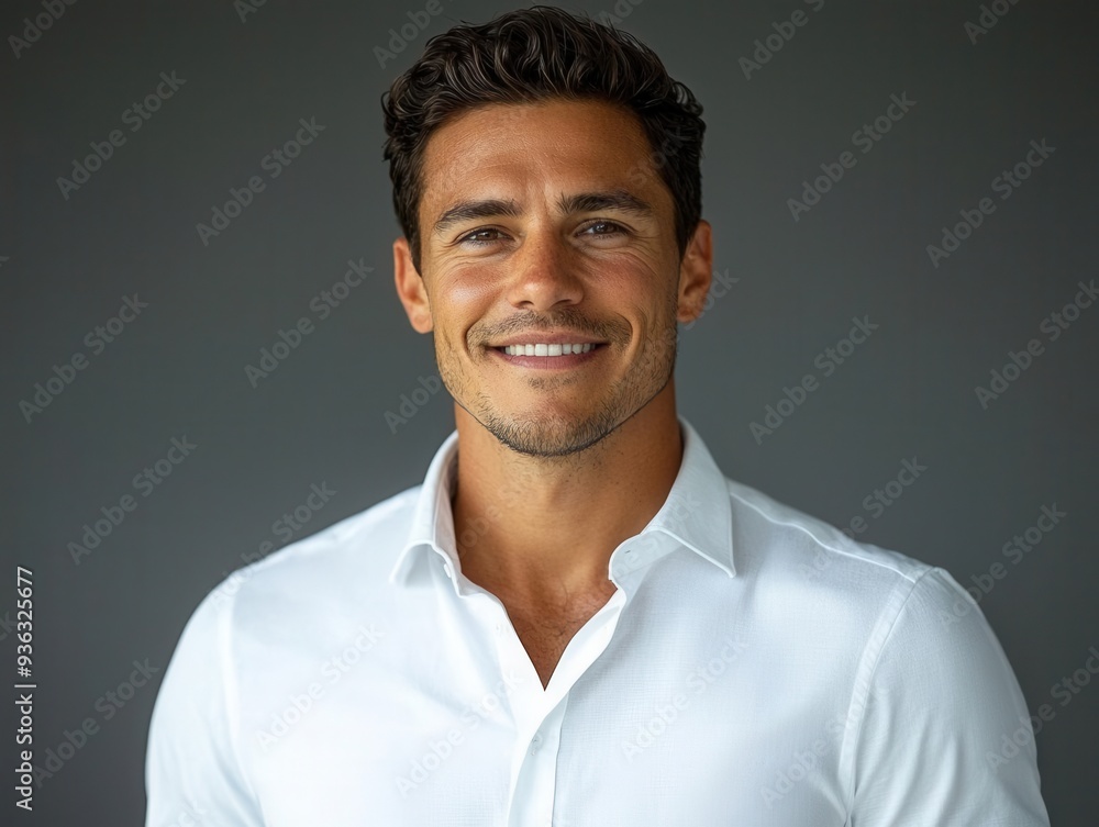 Obraz premium Professional man in a white shirt, cheerful expression as he faces the camera, plenty of copy space on a minimalistic background
