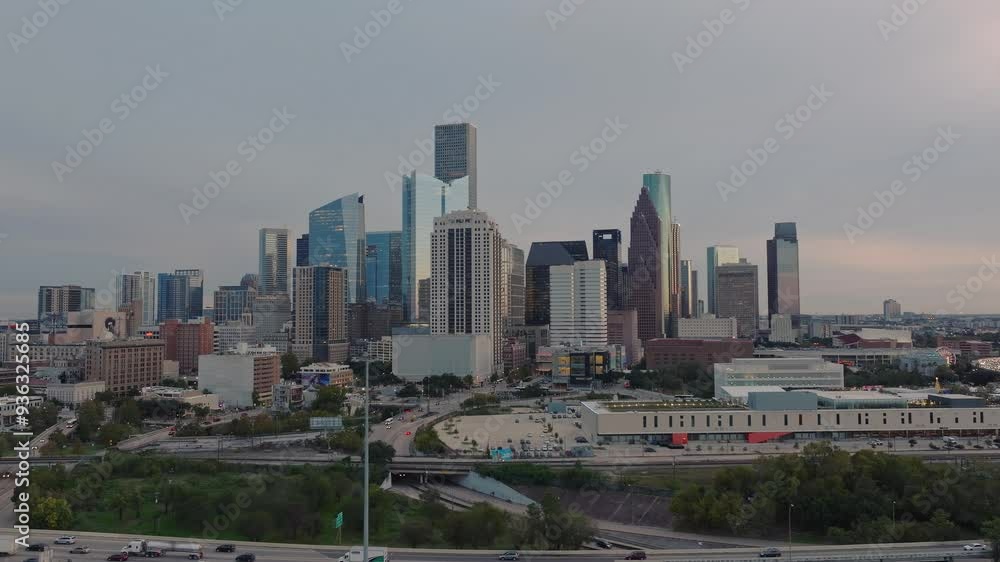 Panoramic shot of Houston skyline on a cloudy evening Panoramic shot of Houston skyline on a cloudy evening