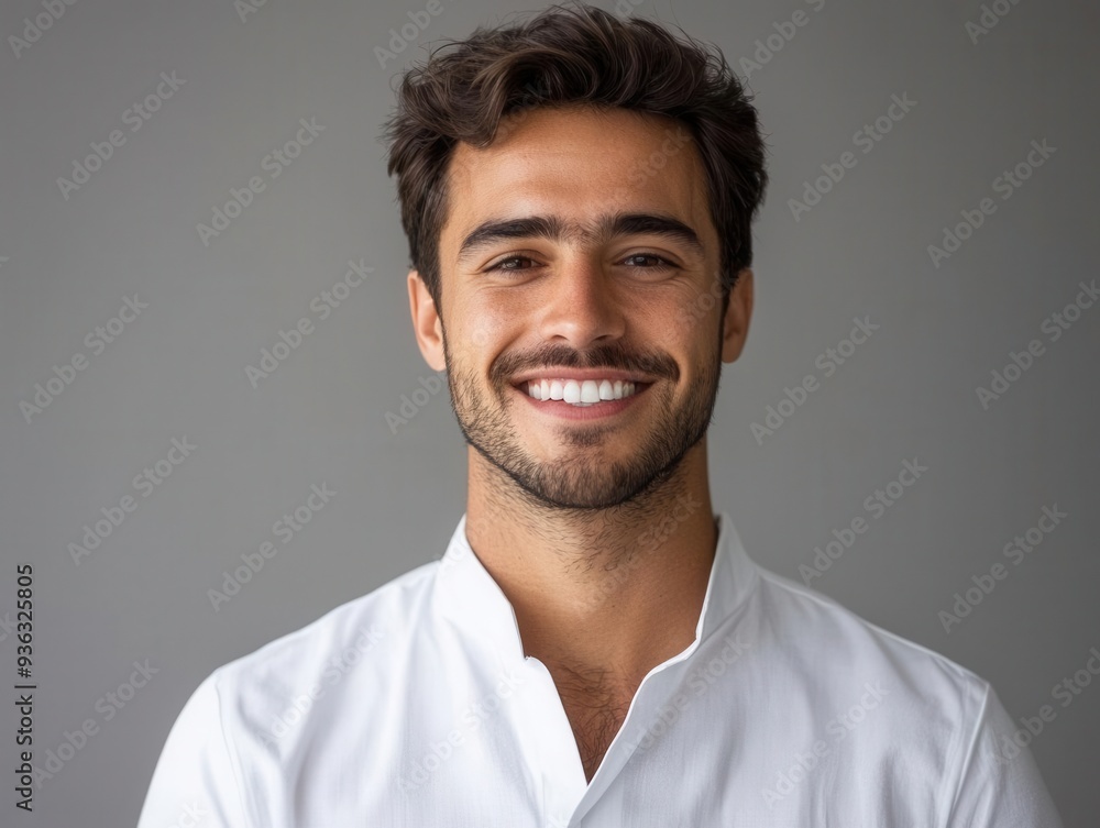 Professional man in a white shirt, cheerful expression as he faces the camera, plenty of copy space on a minimalistic background Professional man in a white shirt, cheerful expression as he faces the camera, plenty of copy space on a minimalistic background