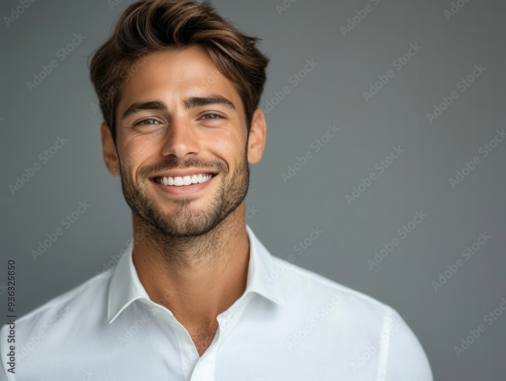The professional man in a white shirt, cheerful expression as he faces the camera, plenty of copy space on a minimalistic background The professional man in a white shirt, cheerful expression as he faces the camera, plenty of copy space on a minimalistic background