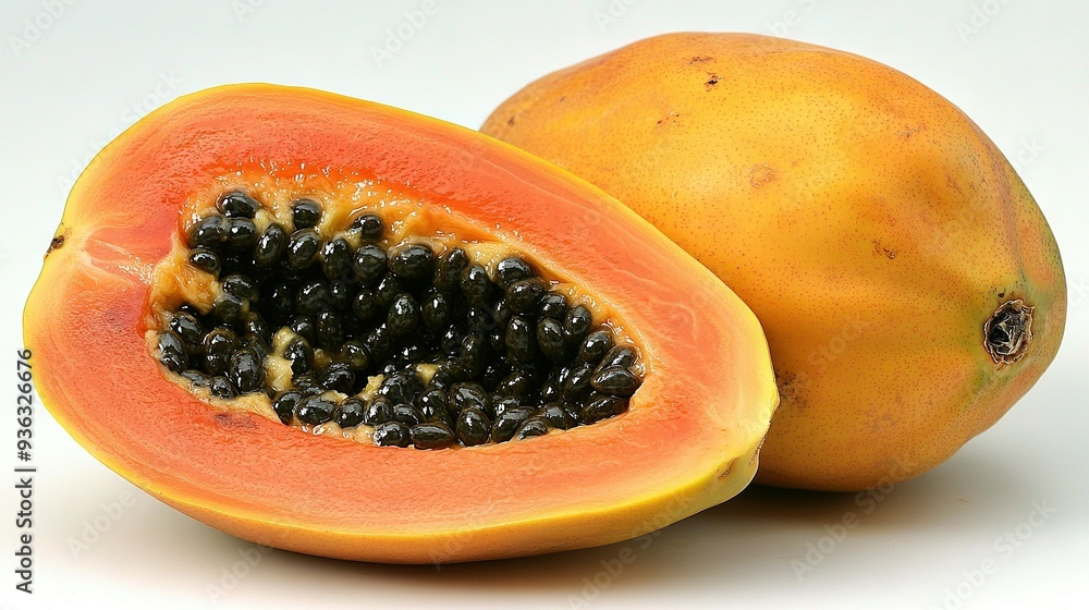 A close-up of a papaya on a white surface with a white background shows the cut fruit A close-up of a papaya on a white surface with a white background shows the cut fruit