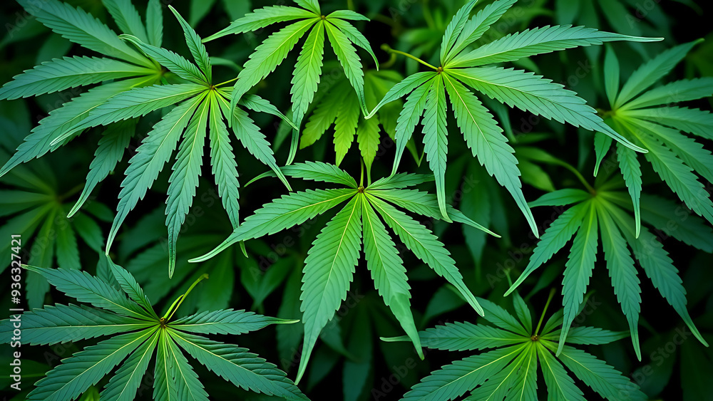 Lush green cannabis leaves fill the frame, creating a vibrant and textured background. Perfect for illustrating articles on marijuana legalization, medical cannabis, or CBD products. Lush green cannabis leaves fill the frame, creating a vibrant and textured background. Perfect for illustrating articles on marijuana legalization, medical cannabis, or CBD products.