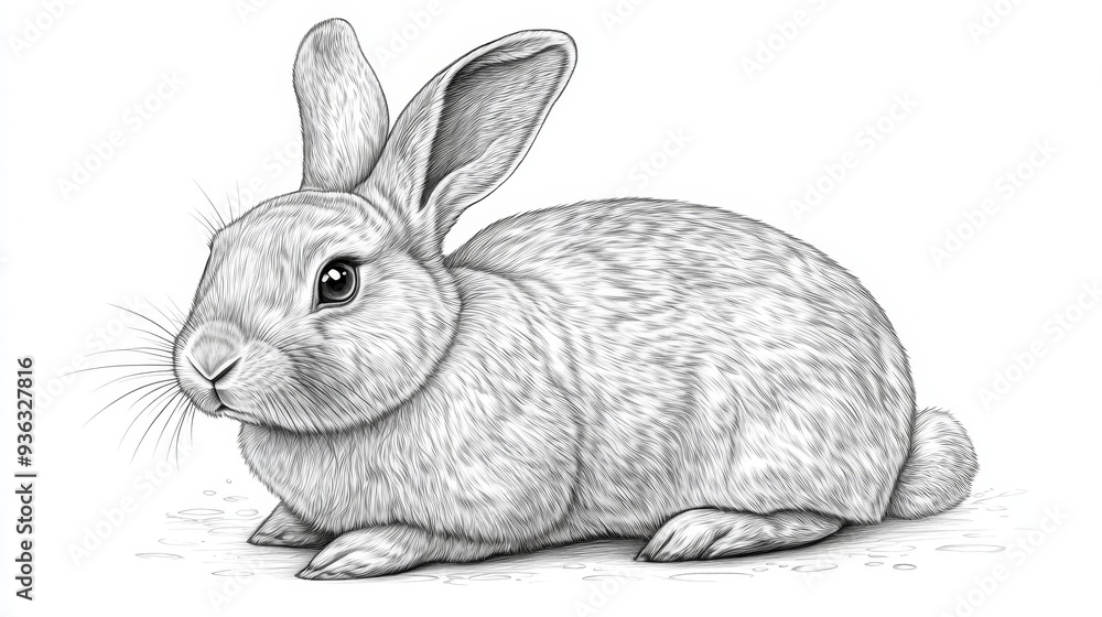 A Detailed Pencil Drawing of a Fluffy Rabbit Looking Directly at the Viewer Sitting on the Ground A Detailed Pencil Drawing of a Fluffy Rabbit Looking Directly at the Viewer Sitting on the Ground