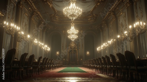 A Long Empty Table in a Grand Hall An Eerie Perspective of Opulence and Anticipation