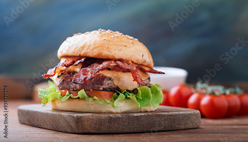 Delicious homemade beef burger with bacon and vegetables on wood serving board. Tasty food. photo