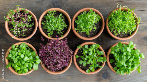 Different microgreens growing in round pots on wooden background