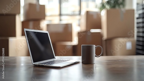 Wallpaper Mural A laptop and mug on a wooden table in front of stacked boxes, perfect for remote work or creative space inspiration. Torontodigital.ca