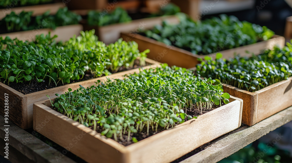 Microgreens growing in wooden crates at urban farm Microgreens growing in wooden crates at urban farm