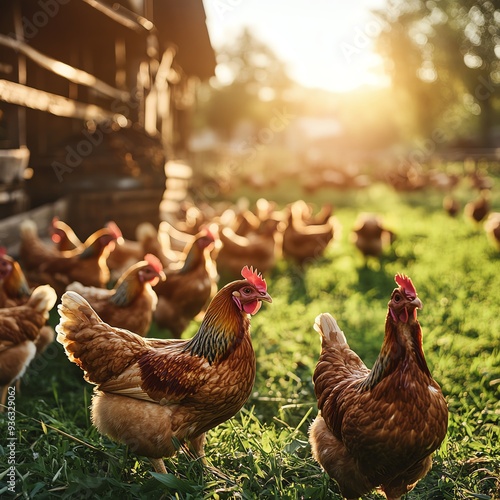 Organic free-range chicken farm with hens roaming in green pastures under natural sunlight, [organic chicken farm], [sustainable, natural, free-range].