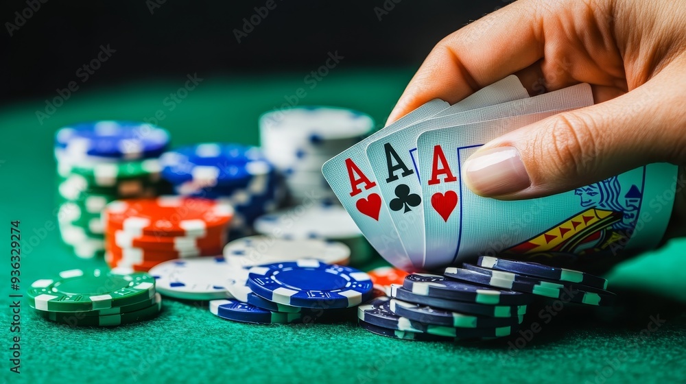 Closeup of a hand holding four aces a winning poker hand on a green felt table with poker chips Closeup of a hand holding four aces a winning poker hand on a green felt table with poker chips