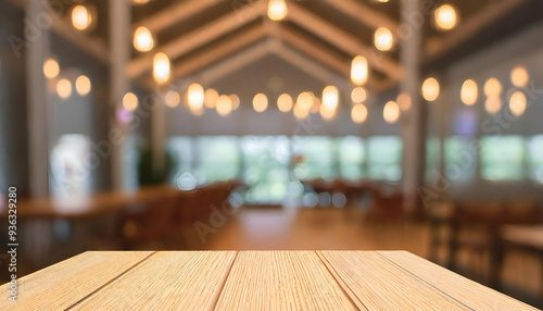 A rustic empty wooden table mockup in a cozy cafe, perfect for showcasing food or drinks background