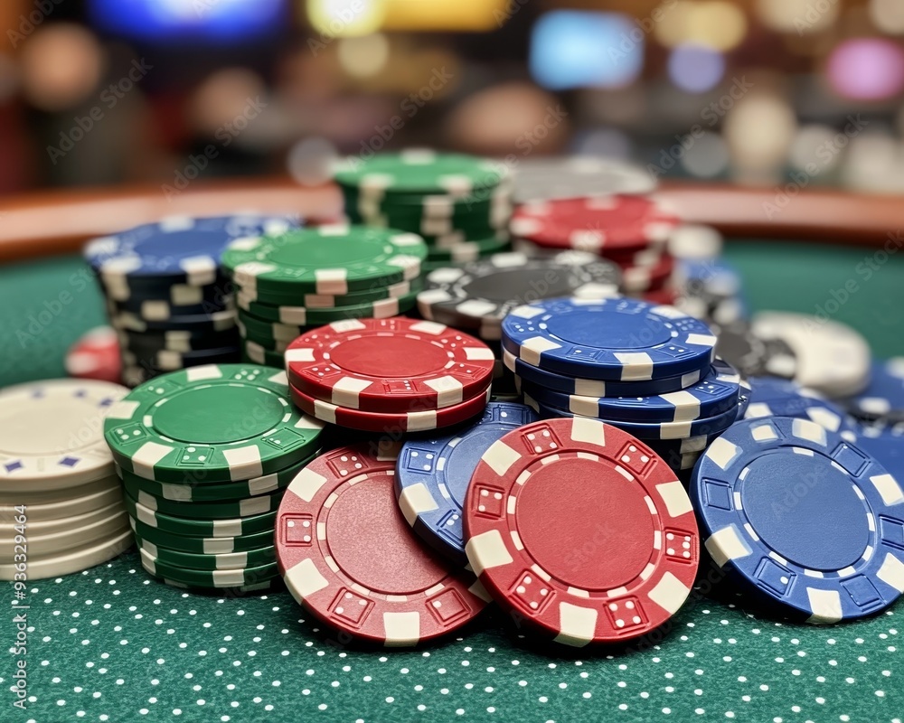 Closeup of colorful casino chips on a green felt table highlighting the texture and detail of the chips against a blurred background Closeup of colorful casino chips on a green felt table highlighting the texture and detail of the chips against a blurred background